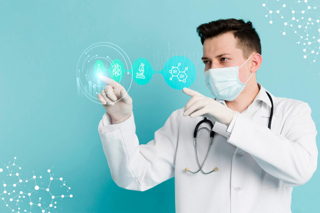 A healthcare professional works on a laptop, surrounded by digital icons representing the interconnectedness of EHRs, practice management software, and revenue cycle management platforms, symbolizing the pivotal role of data interoperability in enhancing Revenue Management efficiency