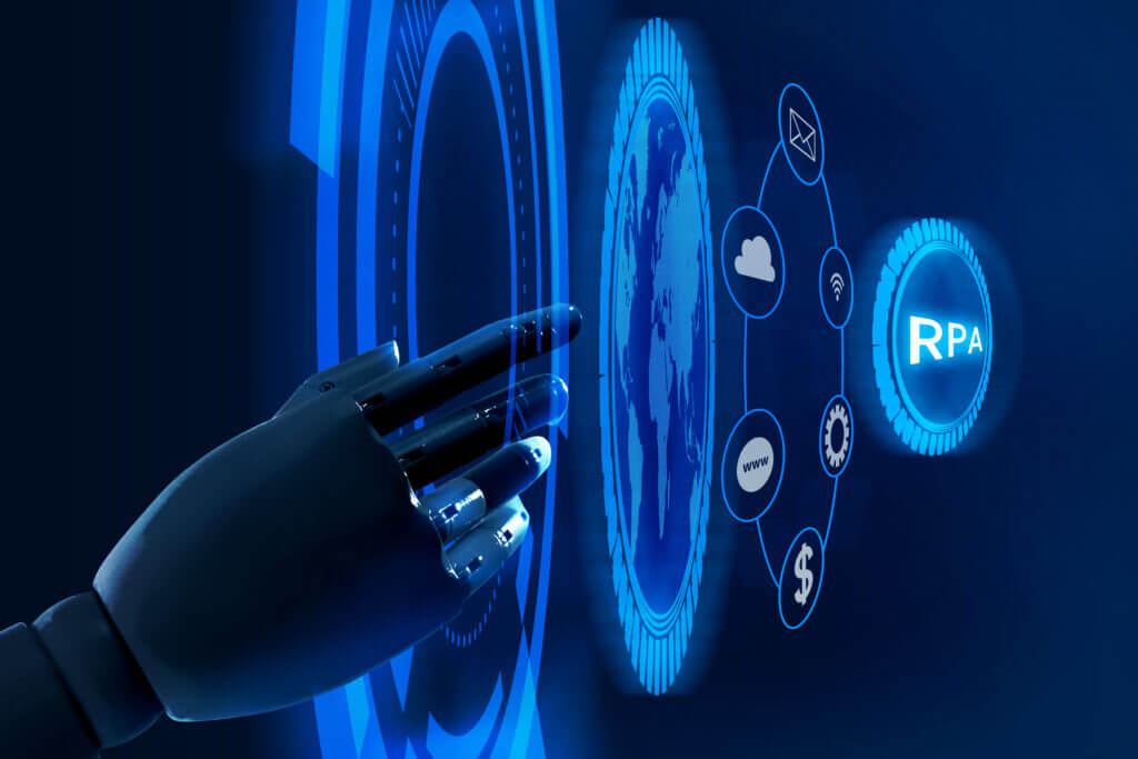 A graphic representation of a robotic hand interacting with a futuristic interface displaying icons related to advanced statistical modeling and machine learning techniques, including cloud computing, automation, data analysis, and financial symbols